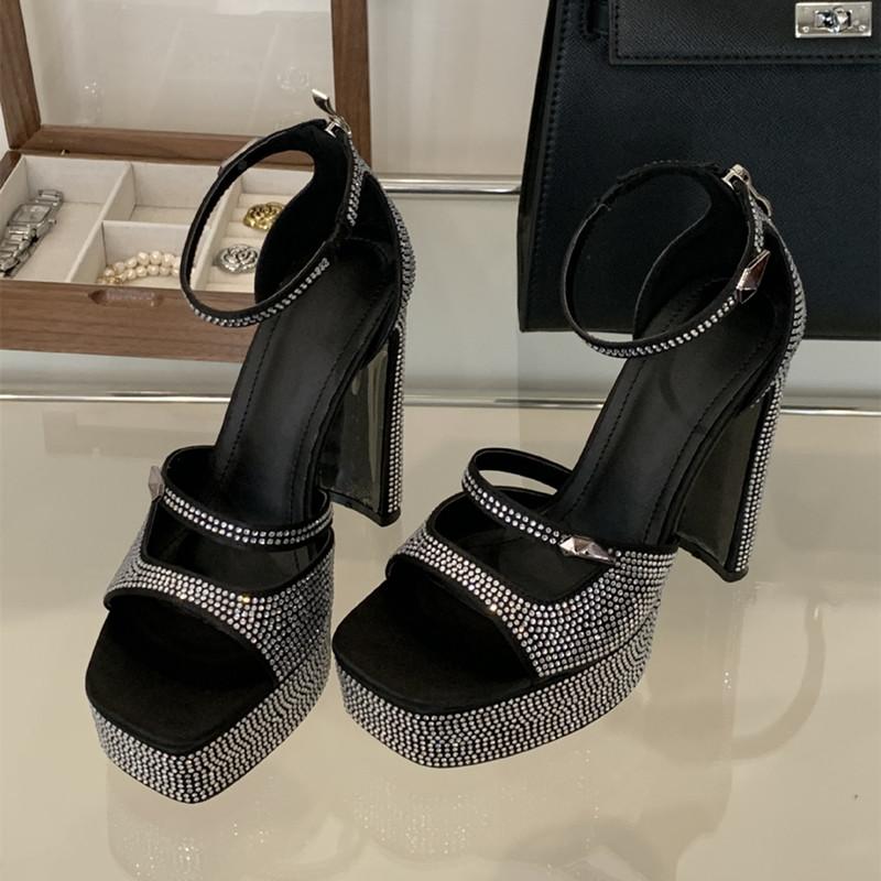 Mode Star Stil Luxus Strass Plateau Wedges Damen Gladiator Sandalen Mode Eckige Zehen Hohe Absätze Sommer Party Schuhe Sandalen 37 schwarz