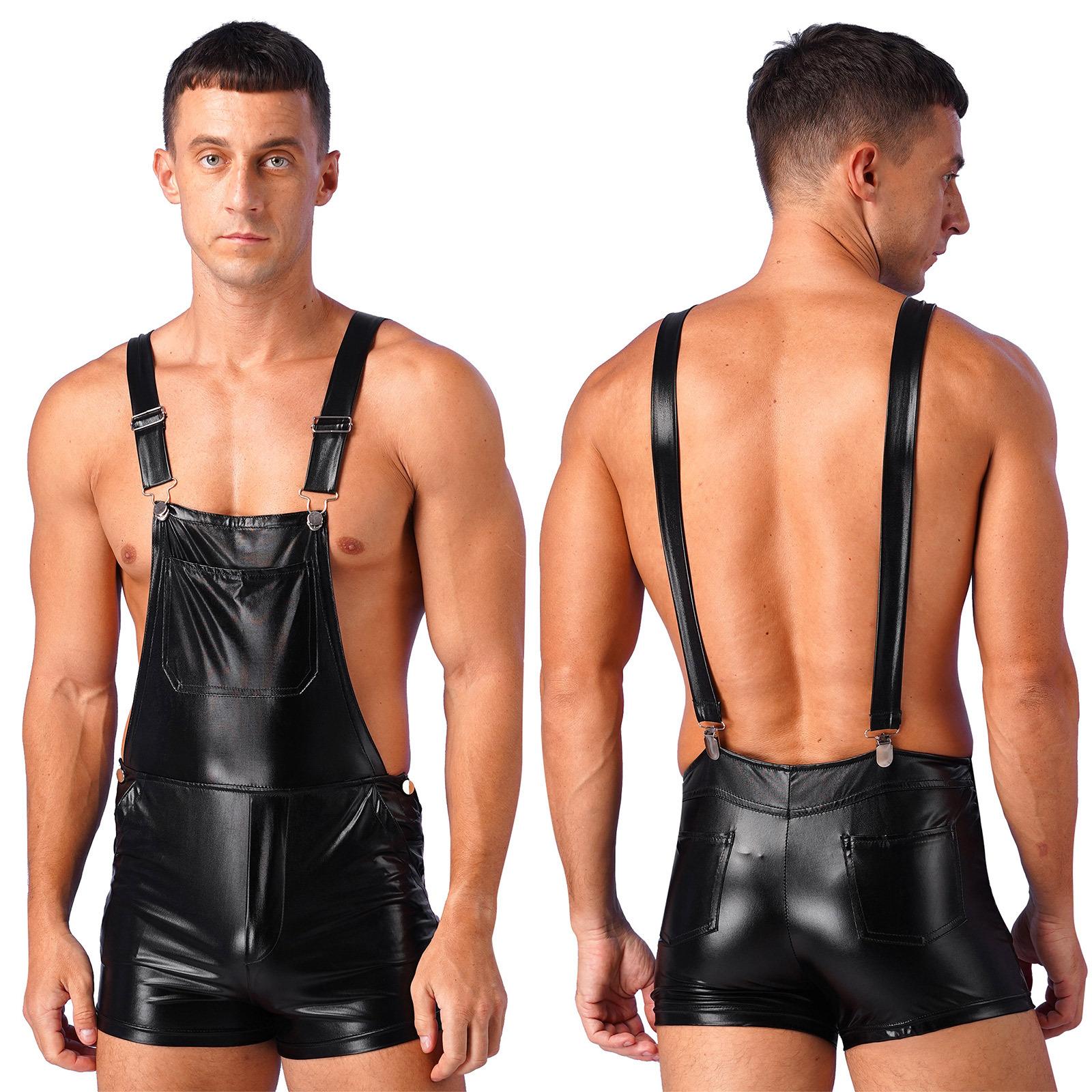 Glänzende metallische kurze Overalls für Herren, Trägershorts, lässige Strampler, Rave-Club-Kostüme XXL schwarz