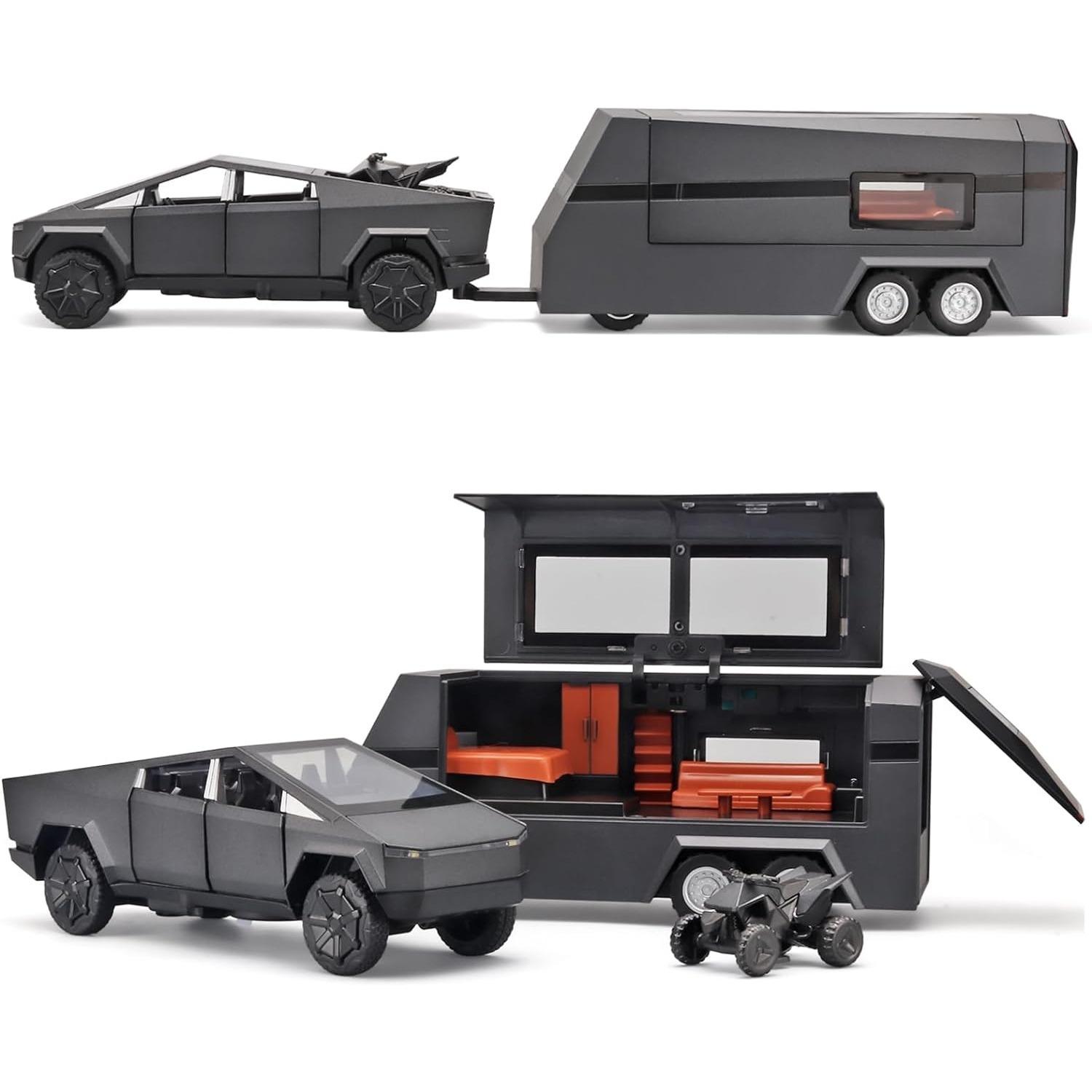 1/32 Tesla Spielzeug-Pickup-Anhänger aus Druckgussmetall, Wohnmobil-Modellbausatz, Spielzeug-Truck und Anhänger mit Rückziehfunktion, Truck- und Anhänger-Spielzeug für Jungen im Alter von 4–7 Jahren 1/32-Size:35*7*7.5cm grau