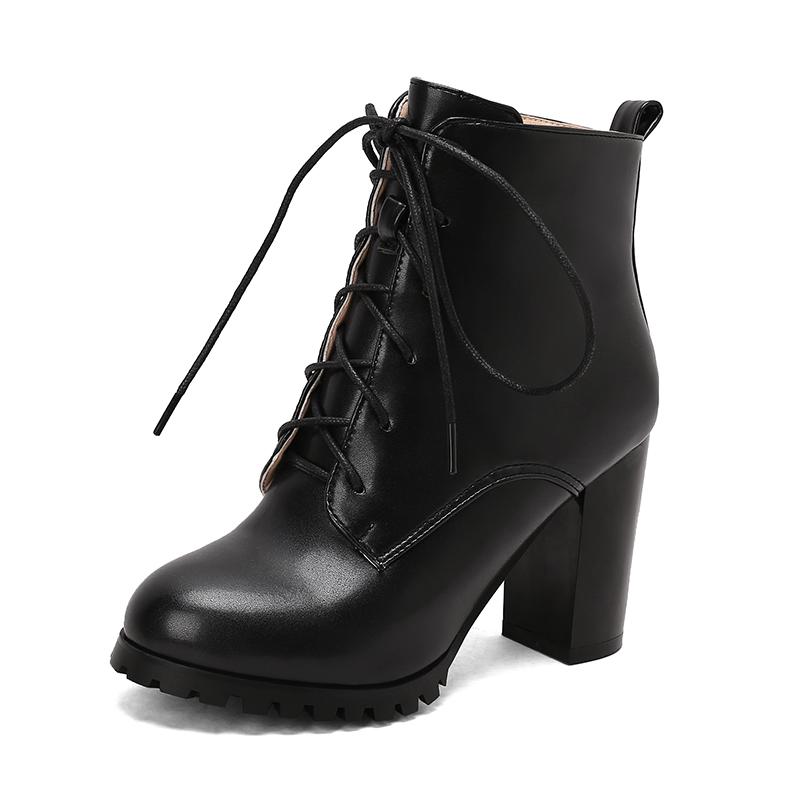 Mode Mode Stiefeletten für Damen Winterschuhe Block Hohe Absätze Schnürschuhe Damen Kurzstiefel Schwarz Weiß Silber Große Größe 45 46 47 48 44 schwarz