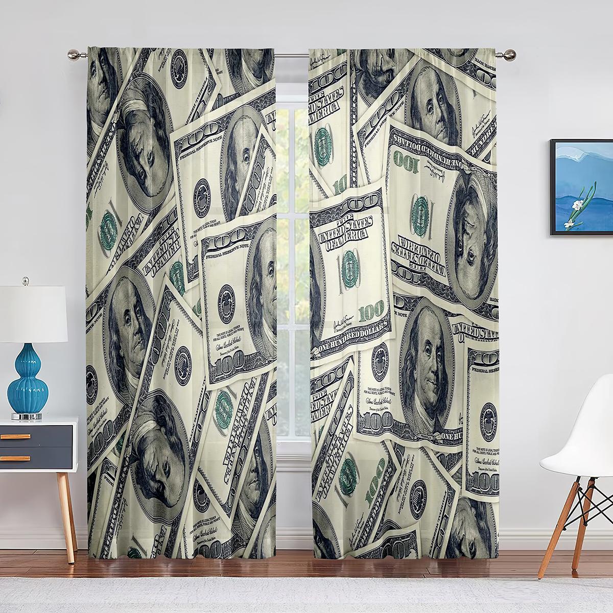 USD Geld Bedruckte Vorhänge Benjamin Franklin 100 Dollar Schein Fensterglas Vorhänge für Schlafzimmer Wohnzimmer Bereich Küchen Dekoration Vorhänge 2 Paneele 140W160H(CM)55x63in&Rod Pocket gray