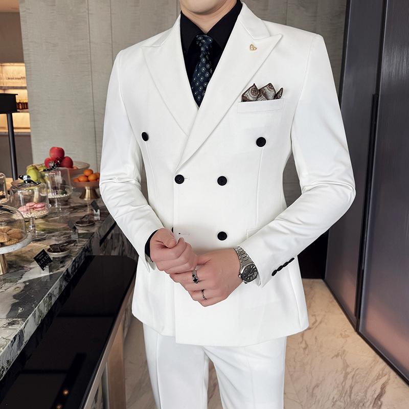 Herren Langarm Schleifenhals Zweireiher Anzug, High-End Business Casual einfarbiger Anzug XXXL weiß