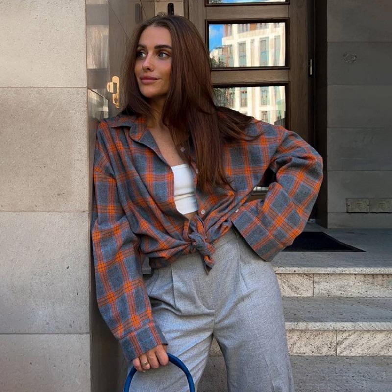 DAFIFY Damenmode Lässig Frühling Herbst Karomuster Langarm POLO-Kragen Blusen & Hemden M orange