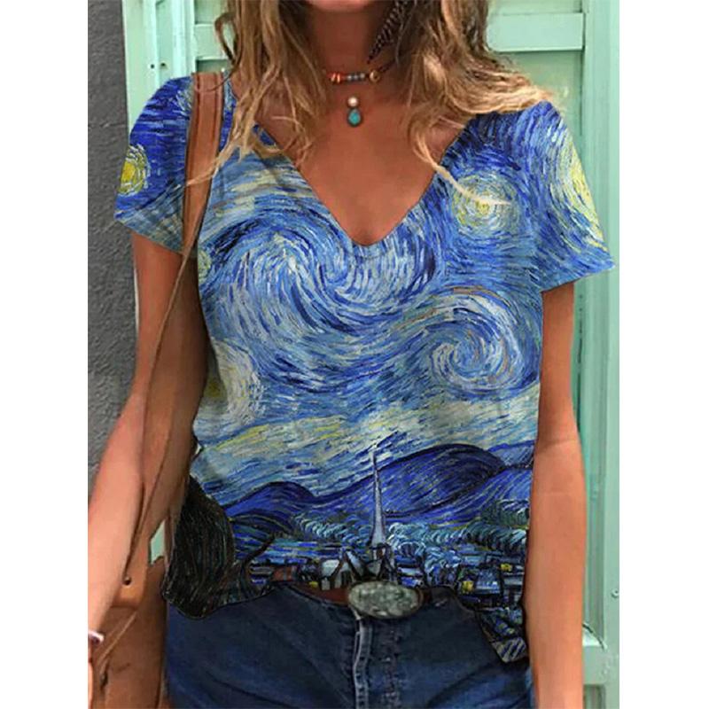 Van Gogh Ölgemälde T-Shirts Sonnenblume 3D Druck Frauen Übergroßen Streetwear V-ausschnitt T-shirt Harajuku Y2k Tops Frau Tees Kleidung S gray