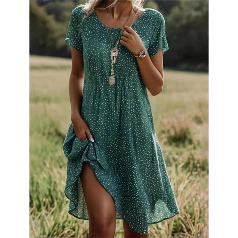 YYFS Damenmode Sommer Frühling Tupfenmuster Kurzarm O-Ausschnitt Lockere Taille Lässige Kleider XXXL grün