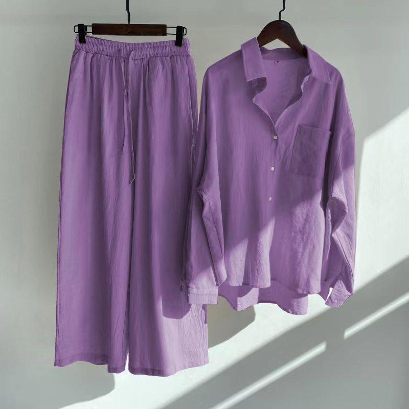 Damen zweiteiliger Anzug Retro Plus Size Baumwolle Leinen Hemd Anzug Hohe Taille Lose Hosen für Frauen M violett