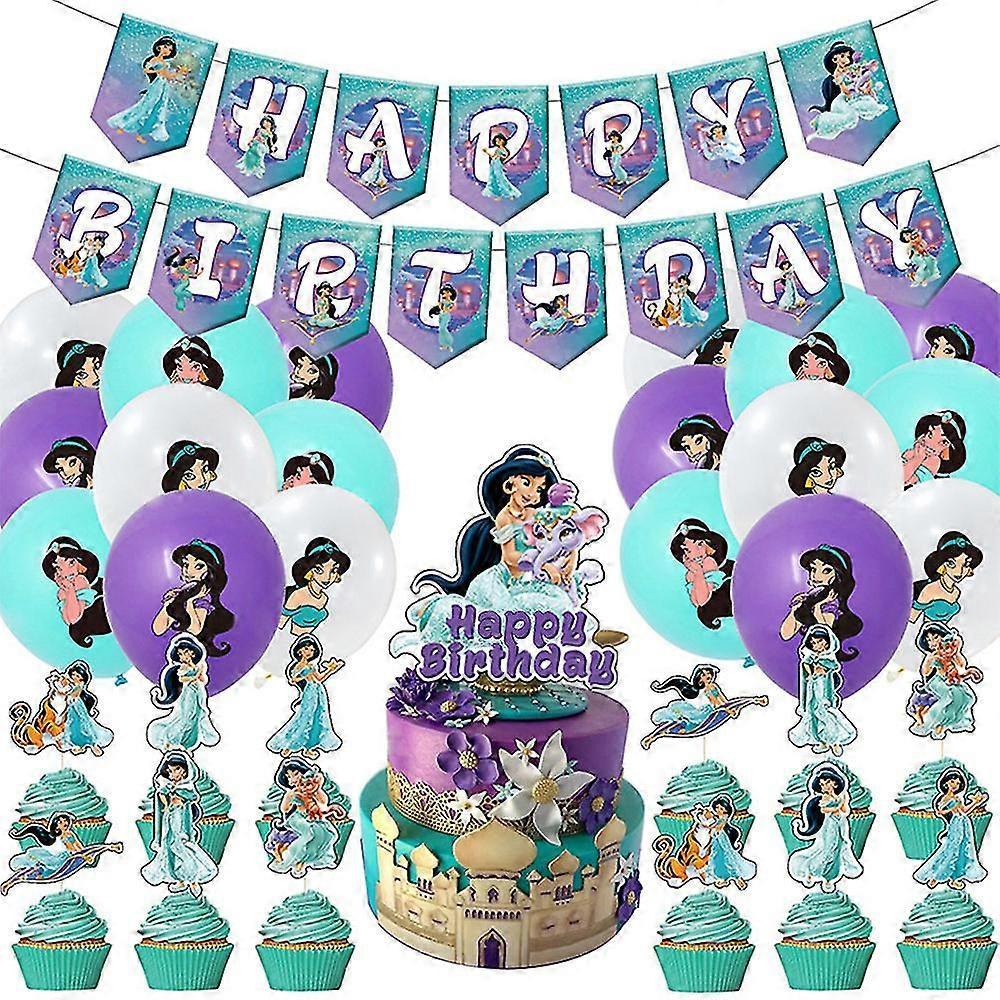 Prinzessin Jasmine Party Dekoration Zubehör Banner, Topper, Ballons, Kuchen Cupcake Topper Set Geschenke
