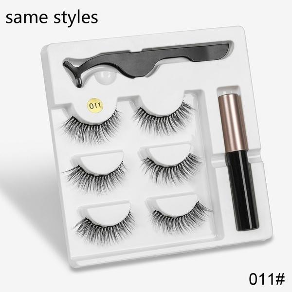 Magnetische Wimpern, natürliche falsche Wimpern, 3D-Nerz-Wimpern für wiederholte Verwendung, wasserdichter flüssiger Eyeliner mit Pinzetten-Make-up-Set 011