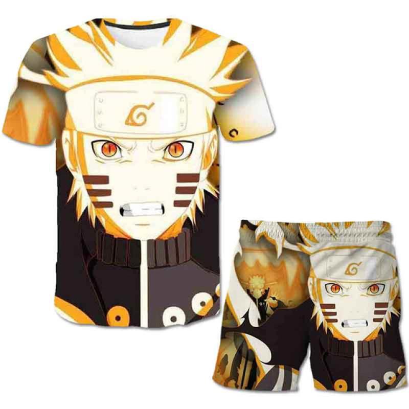 Modische 3D-Kleidung für Kinder, 2-teiliges Set mit Naruto-Aufdruck + Shorts, Hose, Kleidung für 4–14 Jahre, Kinder, Jungen, kurzärmeliges Kostüm-Outfit 150