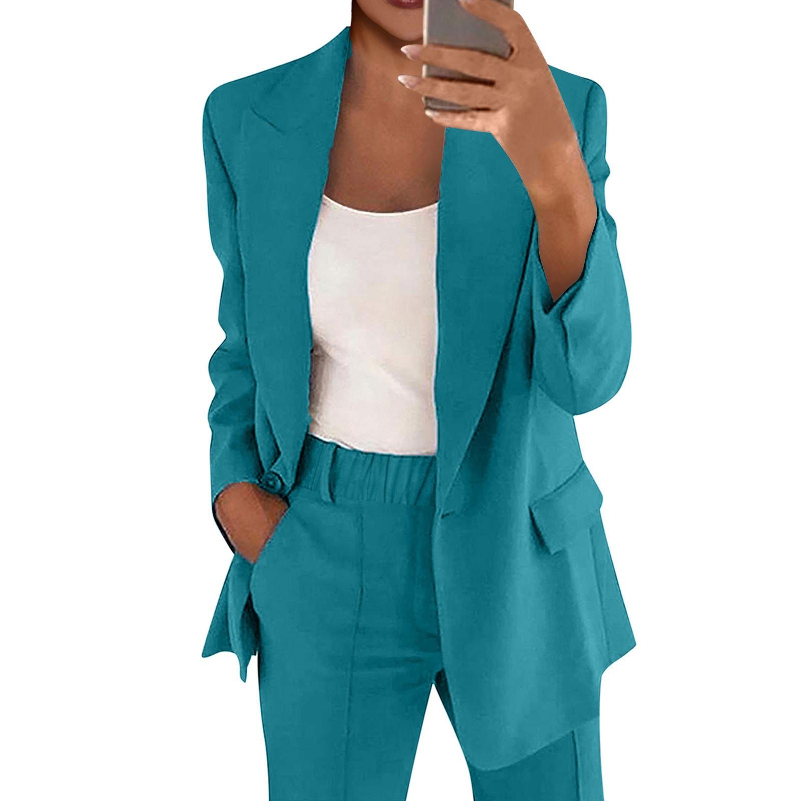 Frauen Casual Langarm Einfarbig Revers Strickjacke Anzug Jacke Hosen Anzug L blau