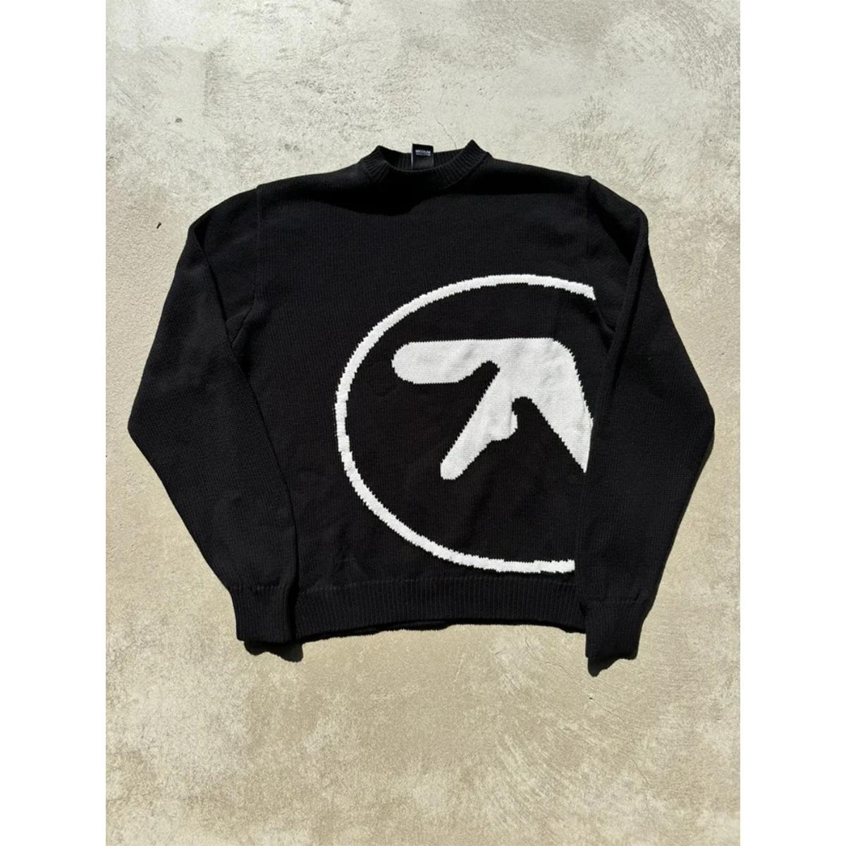 BeatStreet Herren Pullover Y2K Aphex Twin Strick Oversize Pullover Gothic Pullover Winter Grafik Streetwear Langarm Oberteile Vintage Kleidung XL schwarz