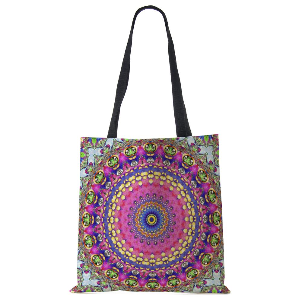 Mandala-Blumen-Tragetaschen für Damen, aus Öko-Leinen, wiederverwendbare Einkaufstasche, Handtaschen mit Blumendruck für Damen, die am Strand reisen