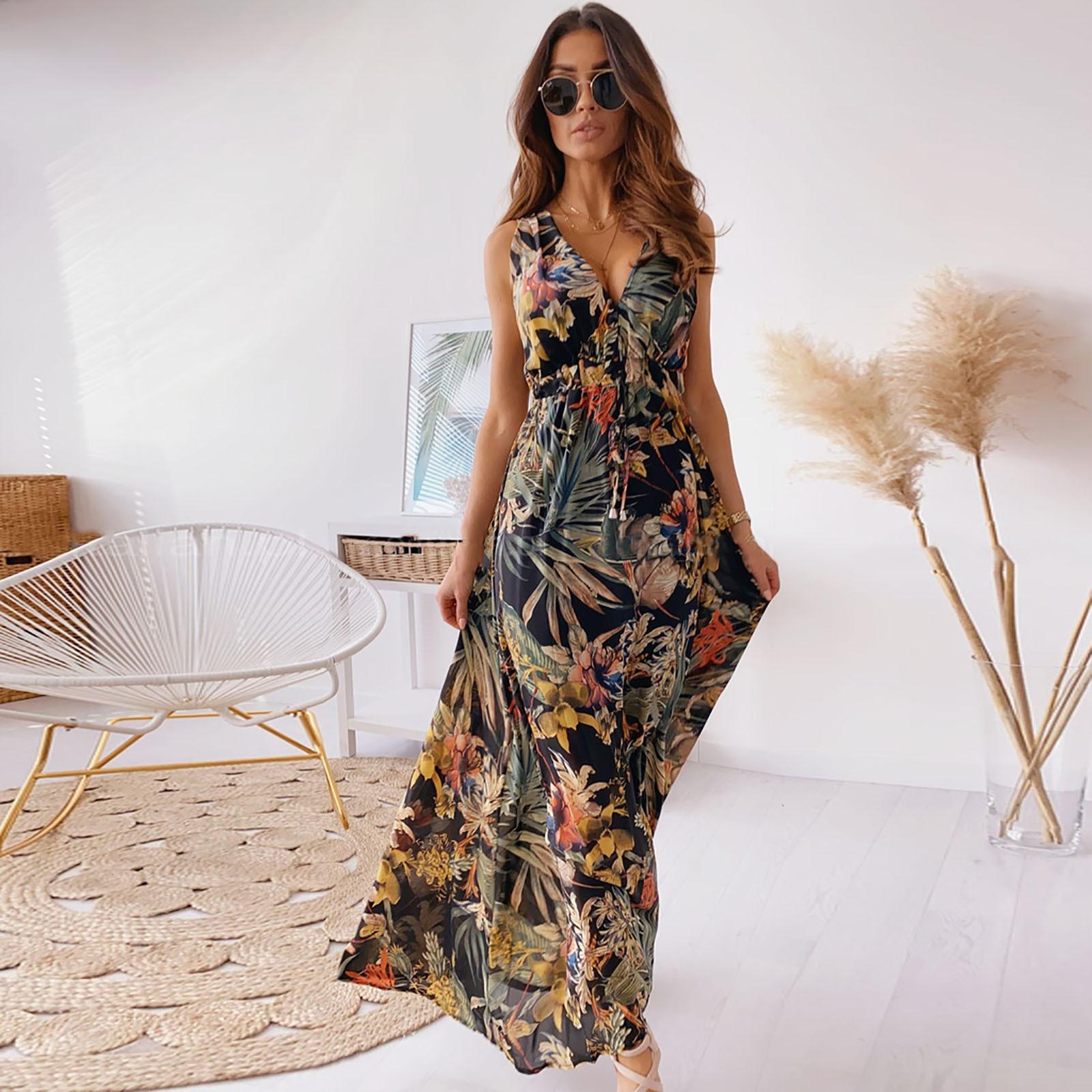 Lässige Sommerkleider für Damen, Neckholder-Maxikleid, Damen, V-Ausschnitt, Partykleidung, langes Kleid, bedruckt, Strandkleidung, ärmellose Kleider M