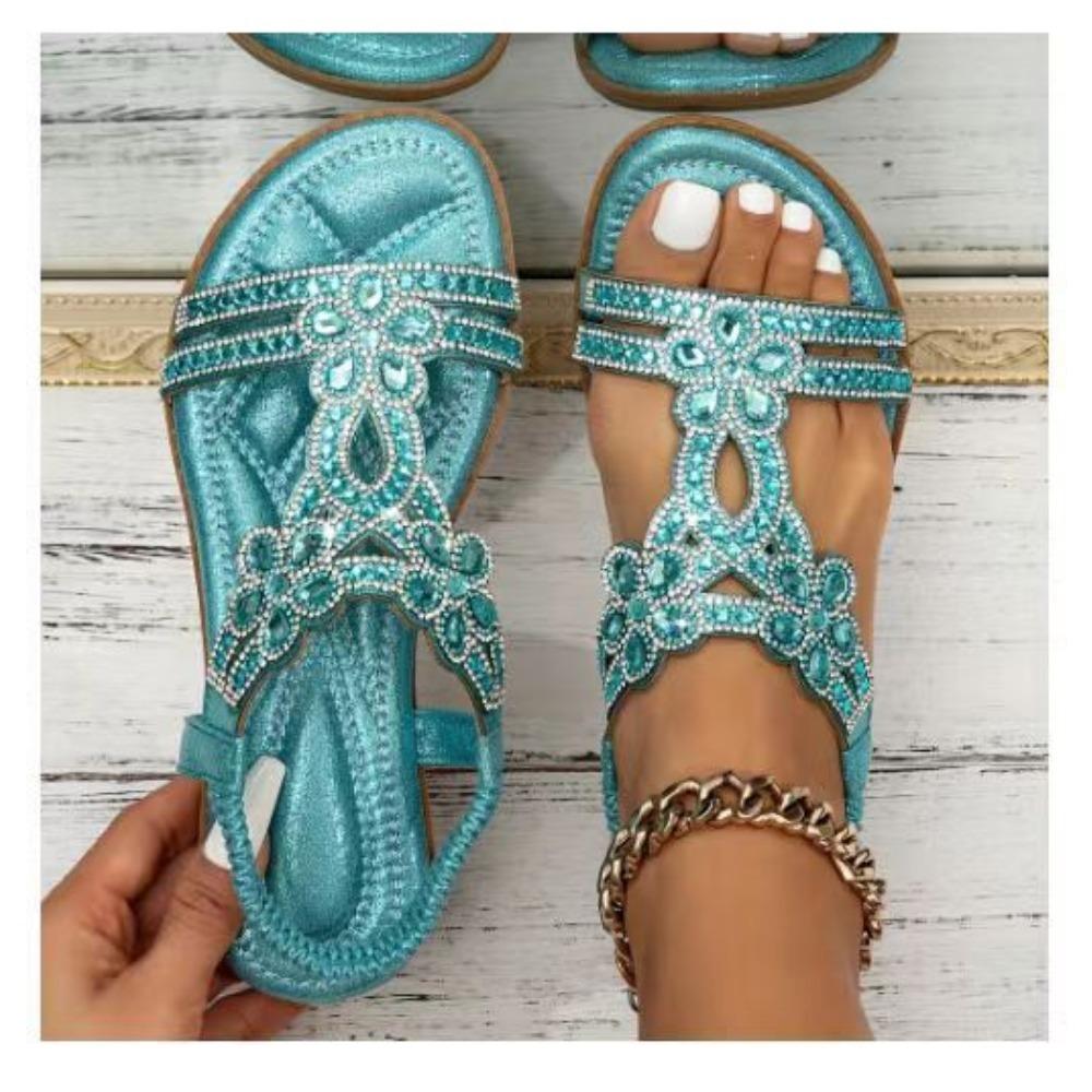 Große Größe Ausgehöhlt, Grenzüberschreitende Flachboden-Strass-Sandalen, Böhmische Bequeme Damen-Sommerschuhe 43 hellblaue
