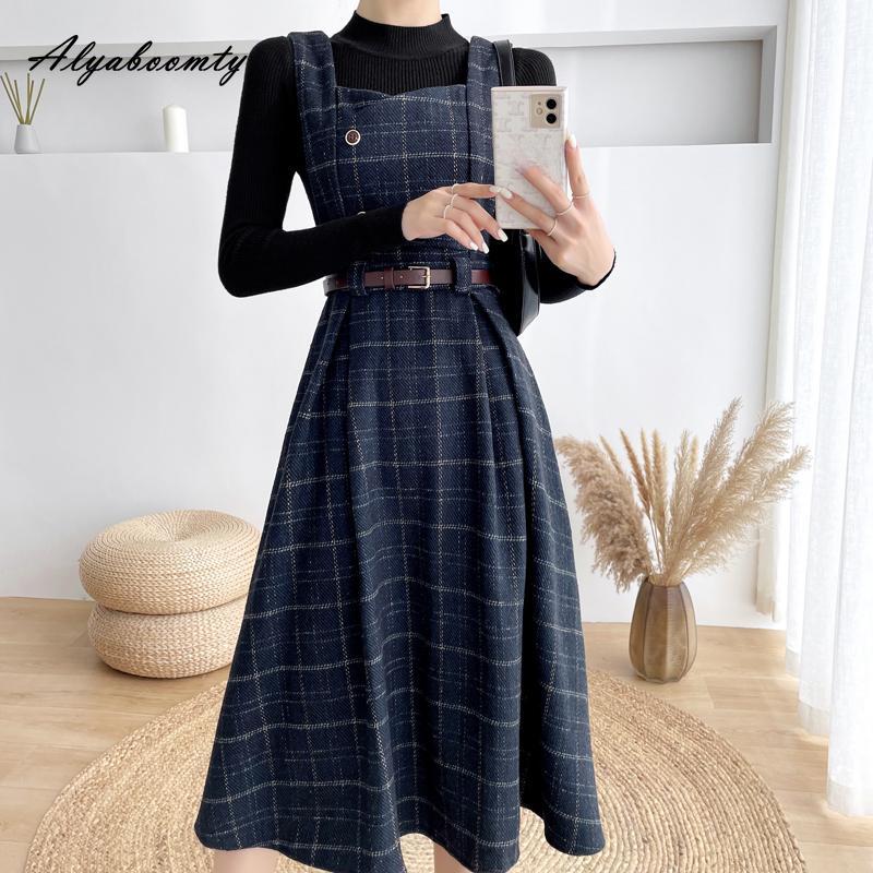 Mori Mädchen Herbst Winter Frauen Woolen Sommerkleid Khaki Blau Grün Woolen Tank Kleid Wolle Englant Ärmelloses Dickes Warmes Kleid M navy blau