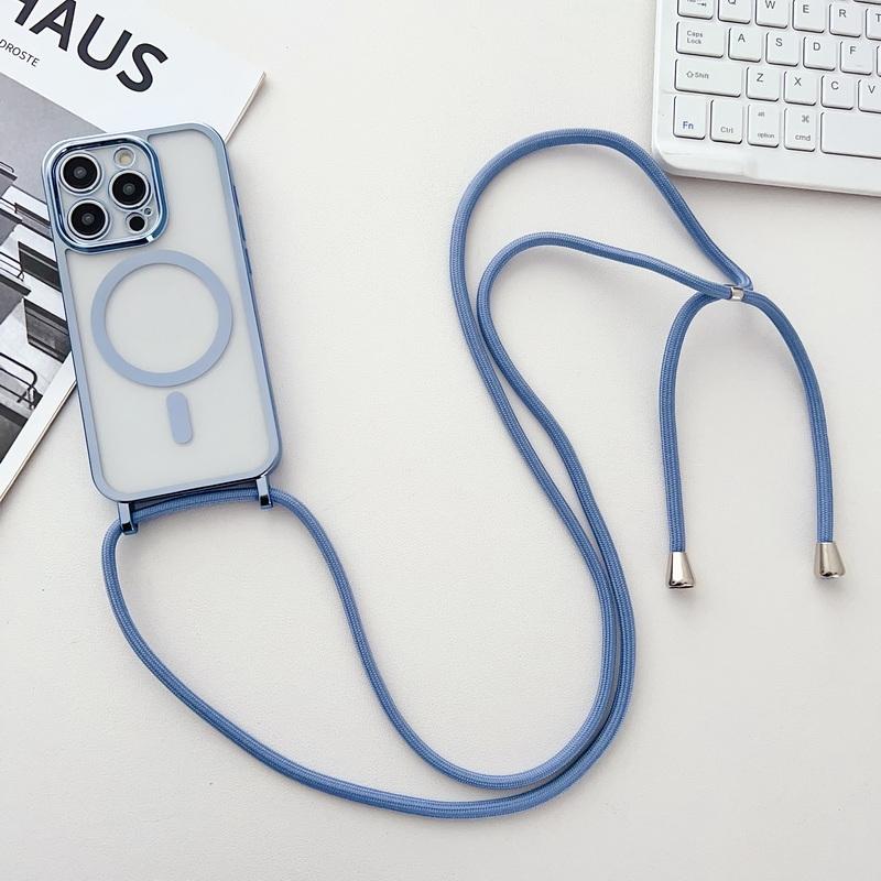 Für iPhone 16 Pro 15 Pro Max 14 13 12 11 16E Air 17 Für Magsafe Hülle Vergoldeter Rand Klare Hülle Stoßfest Mit Lanyard Handyhülle iPhone 16 Pro Max blau