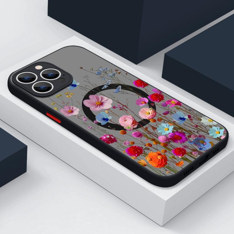 Für iPhone 16 Pro 16E 15 14 Pro Max Plus 13 12 Mini 11 Pro Max 8 7 Stoßfestes, schlankes Magsafe-Gehäuse aus magnetischem Acryl mit harter Blume und weichen Kanten iPhone 13 Pro Max schwarz