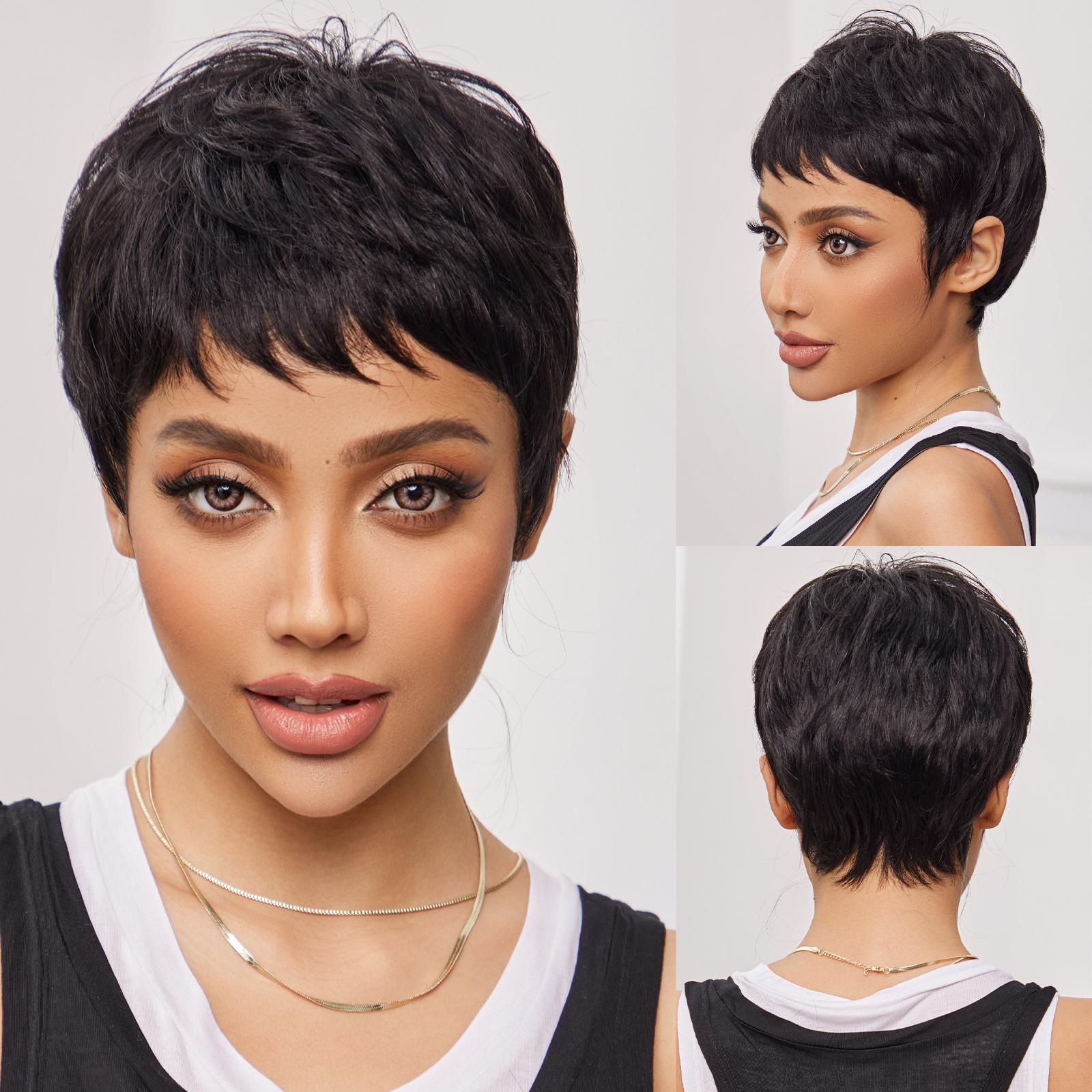 HAIRCUBE Blonde, goldene Perücke mit dunklen Wurzeln und geschichtetem Remy-Echthaar, kurzer Bob-Pixie-Schnitt, natürlich gewellte Perücke mit Pony, Echthaar-Perücken für Frauen