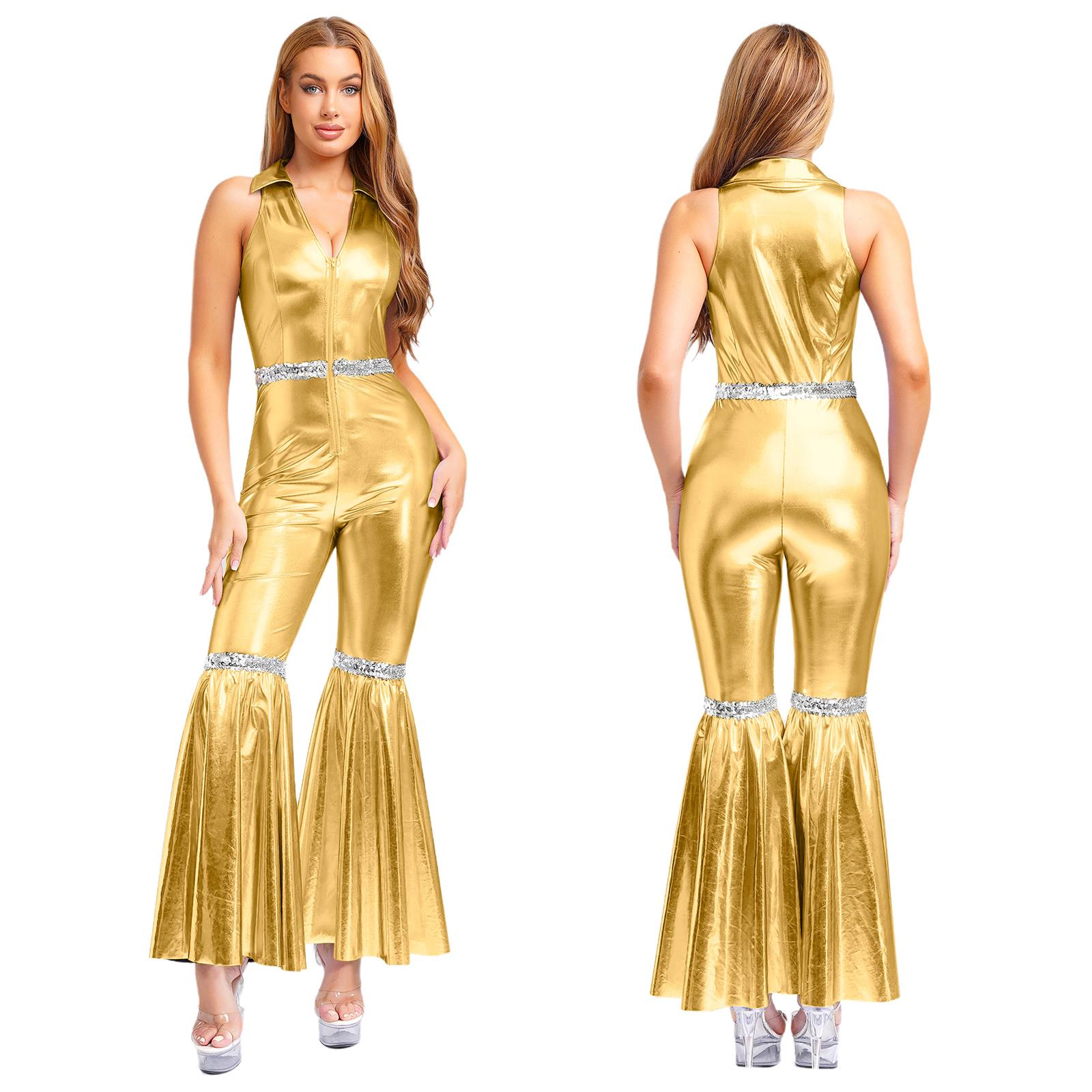 Damen 70er Disco Jumpsuit - Revers V-Ausschnitt Ärmelloser Jumpsuit mit Pailletten & Schlaghosen für Retro-Party XXL gold