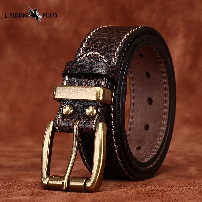 Verdickter Bisonleder Geprägter Retro Persönlichkeit Gürtel Herren Echtes Leder Oberste Schicht Rindsleder Denim Gürtel 120cm kaffeebraun