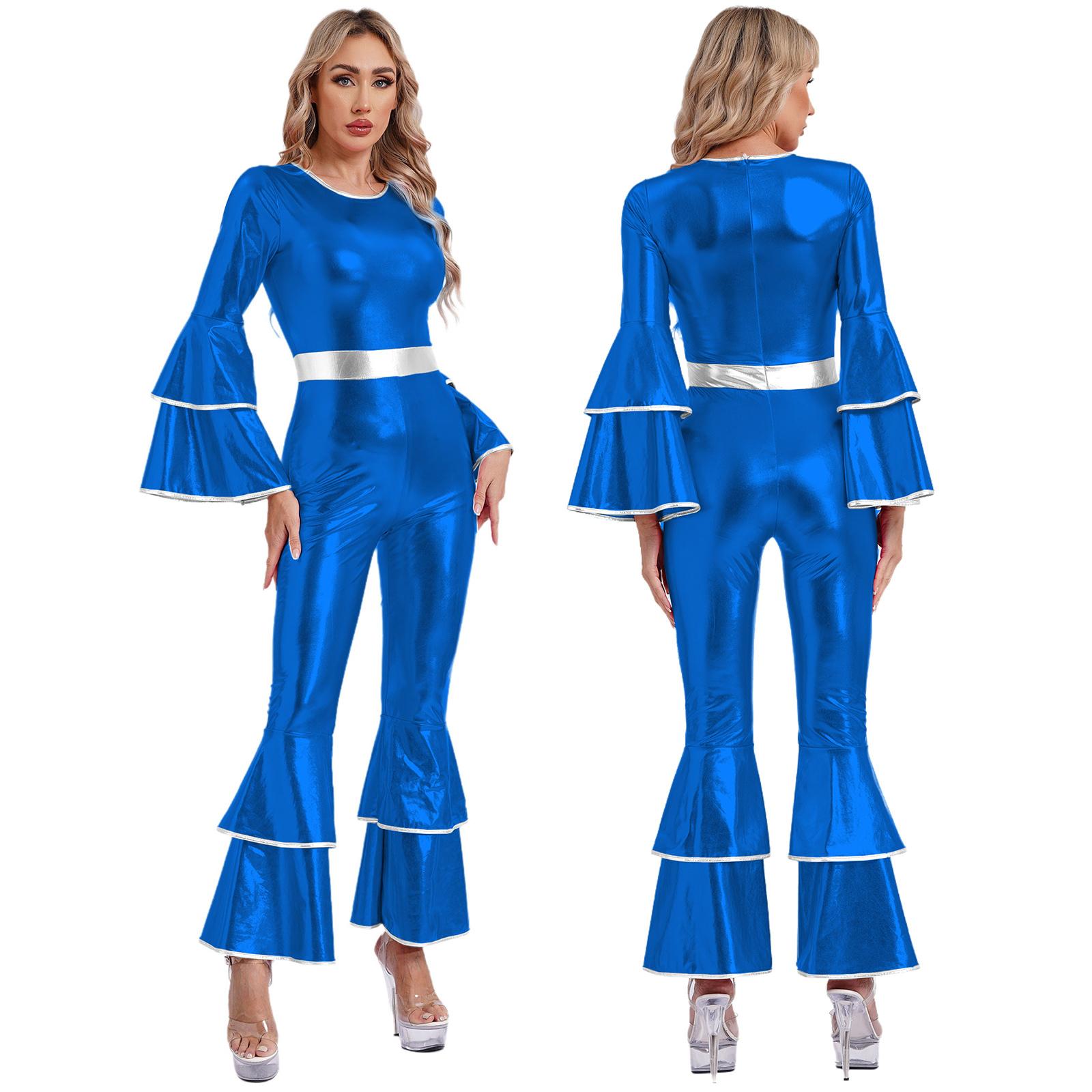 Damen Vintage 70er Jahre Disco Metallic Glänzend Jumpsuit Stufenärmel Schlaghose Hippie Strampler Einteiler Tanzbekleidung Kostüme XL königsblau