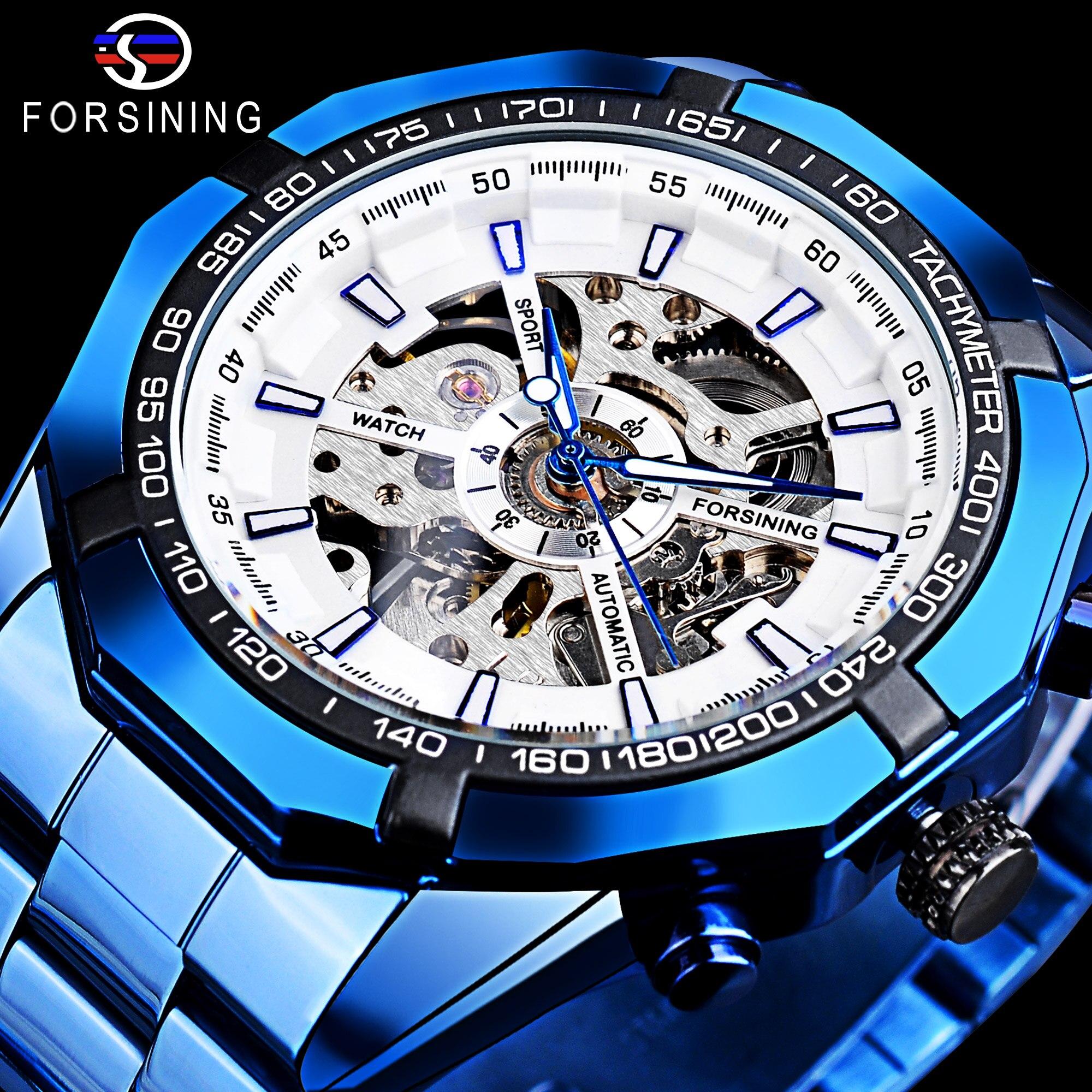 Forsining Edelstahl Wasserdicht Herren Skeleton Uhren Top Marke Luxus Transparente Mechanische Sport Männliche Armbanduhren weiß/blau