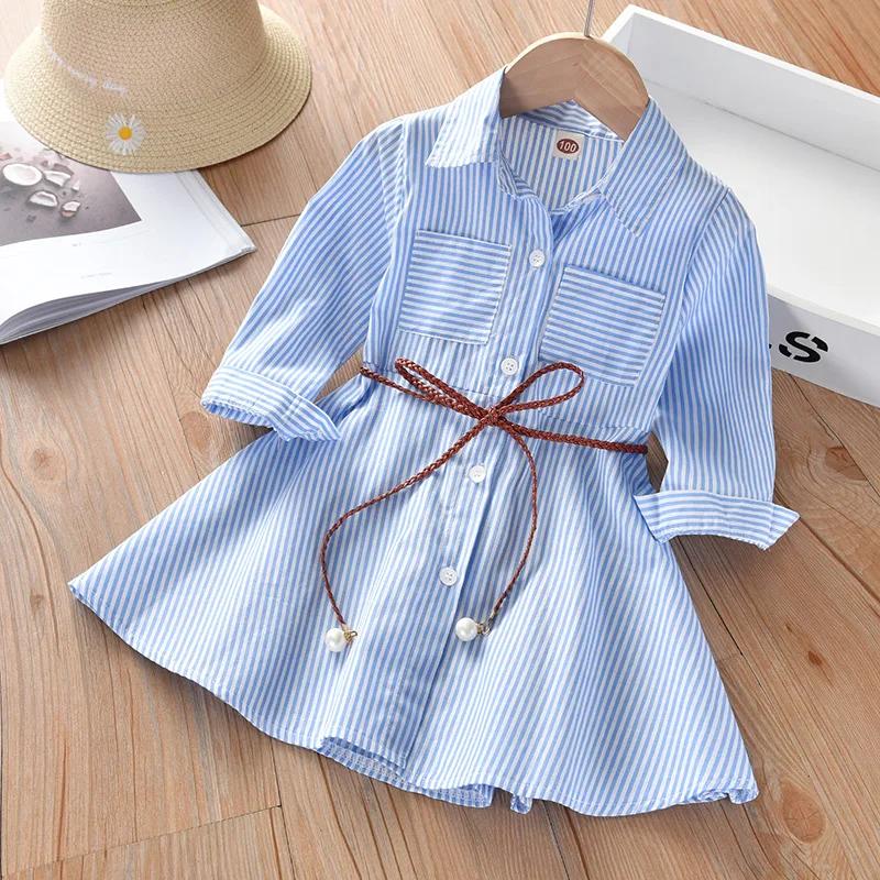 Mädchen Kleid Frühling Herbst Streifen Kinder Kleidung Mode Kleinkind Baby Mädchen Baumwolle Kleidung Langarm Kinder Kleid Regelmäßige Stil 100 blau
