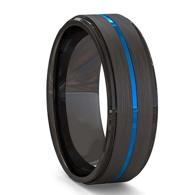 Trendy Männer 8mm Schwarz Wolfram Hochzeit Band Ringe Blau Gold Farbe Groove Abgeschrägte Kante Edelstahl Verlobungsringe für Männer 6