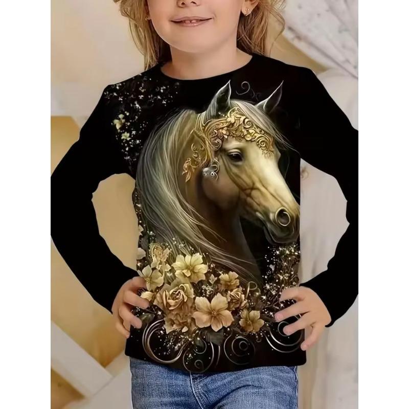 Mädchen Kleidung Mode Pferd 3D Druck Kinder Langarm T-Shirt Locker Lässig Herbst Oberteile Outdoor Bequeme Kinderbekleidung 170 brown