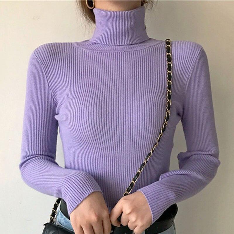 Herbst Und Winter Rollkragen Frauen Pullover Langarm Frauen Pullover Pullover Schlank Solide Wolle Gestrickte Pullover Jumper 16675 One Size violett