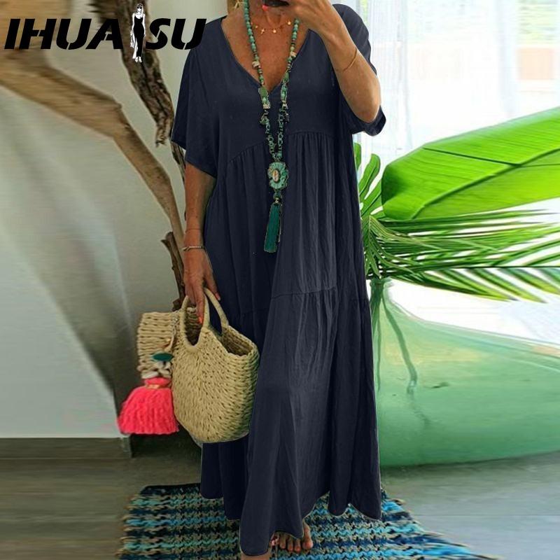 IHUASU Damen Sommer Mode Einfarbig V-Ausschnitt Übergröße Kleid Locker Lang Übergroß Lässig Kurzarm Kleid XXXL navy blau