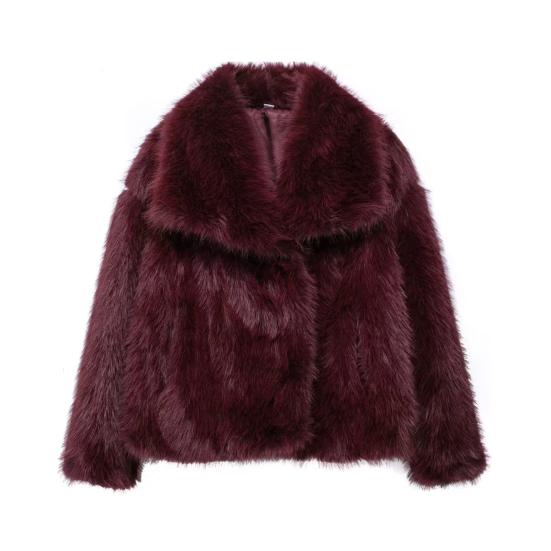 Damen Kunstfell Fuzzy Mantel Lässig Flauschig Langarm Revers Zottelige Jacke Winter Pelzig Offen Vorne Kurzer Mantel S wein rot