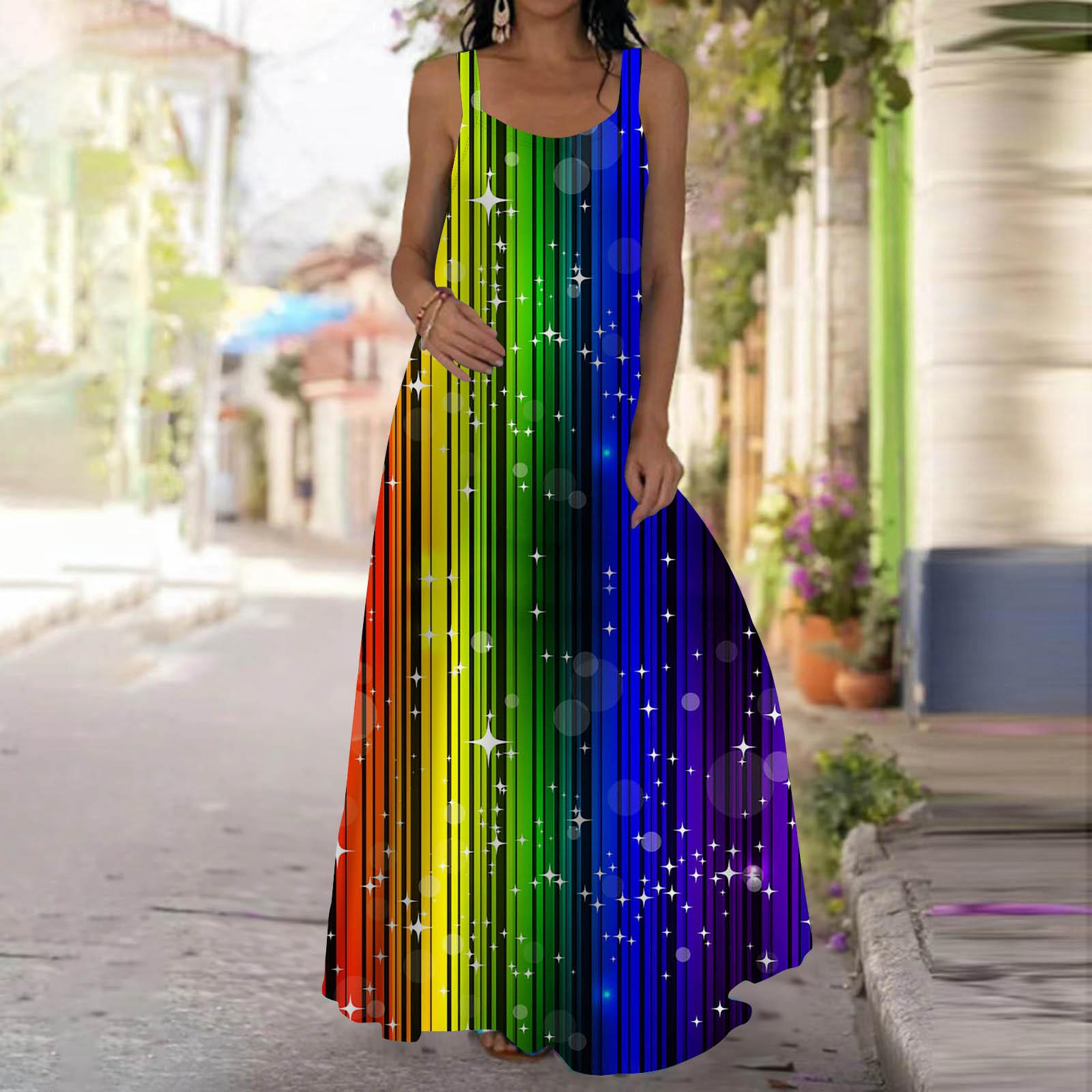 Damen Slip-Kleid Maxi Langes Kleid Sternenregenbogen-Print Kleid Frühling & Sommer V-Ausschnitt Freizeit Urlaub 3XL gelb