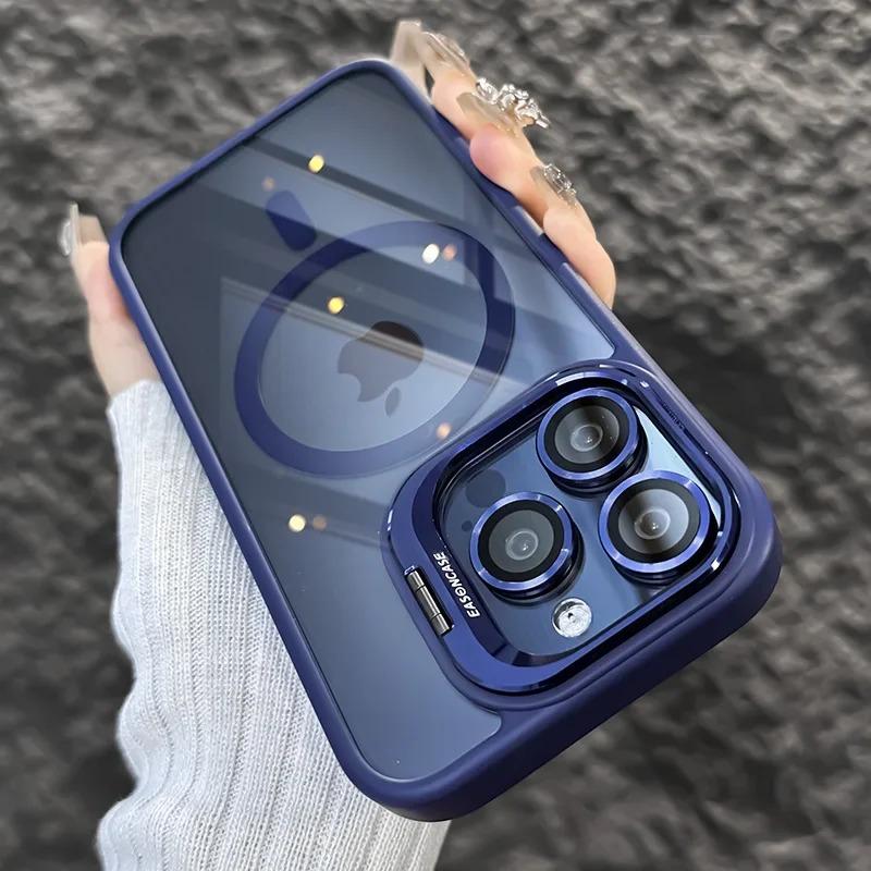 Luxuriöse, magnetische, stoßfeste Telefonhülle für iPhone 16 15 14 13 12 11 Pro Max Plus Funda Standglaslinsenschutz Rückseite iPhone 14 Plus dunkelblaue