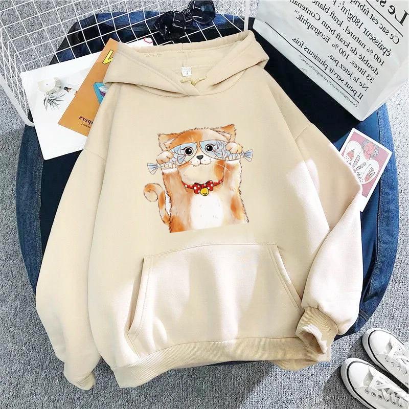 Lustige Die Katze Hoodie Frauen Mode Kawaii Koreanische Harajuku Sweatshirt Weibliche 90er Jahre Cartoon Kleidung Weibliche Kapuze Übergroßen Mädchen M