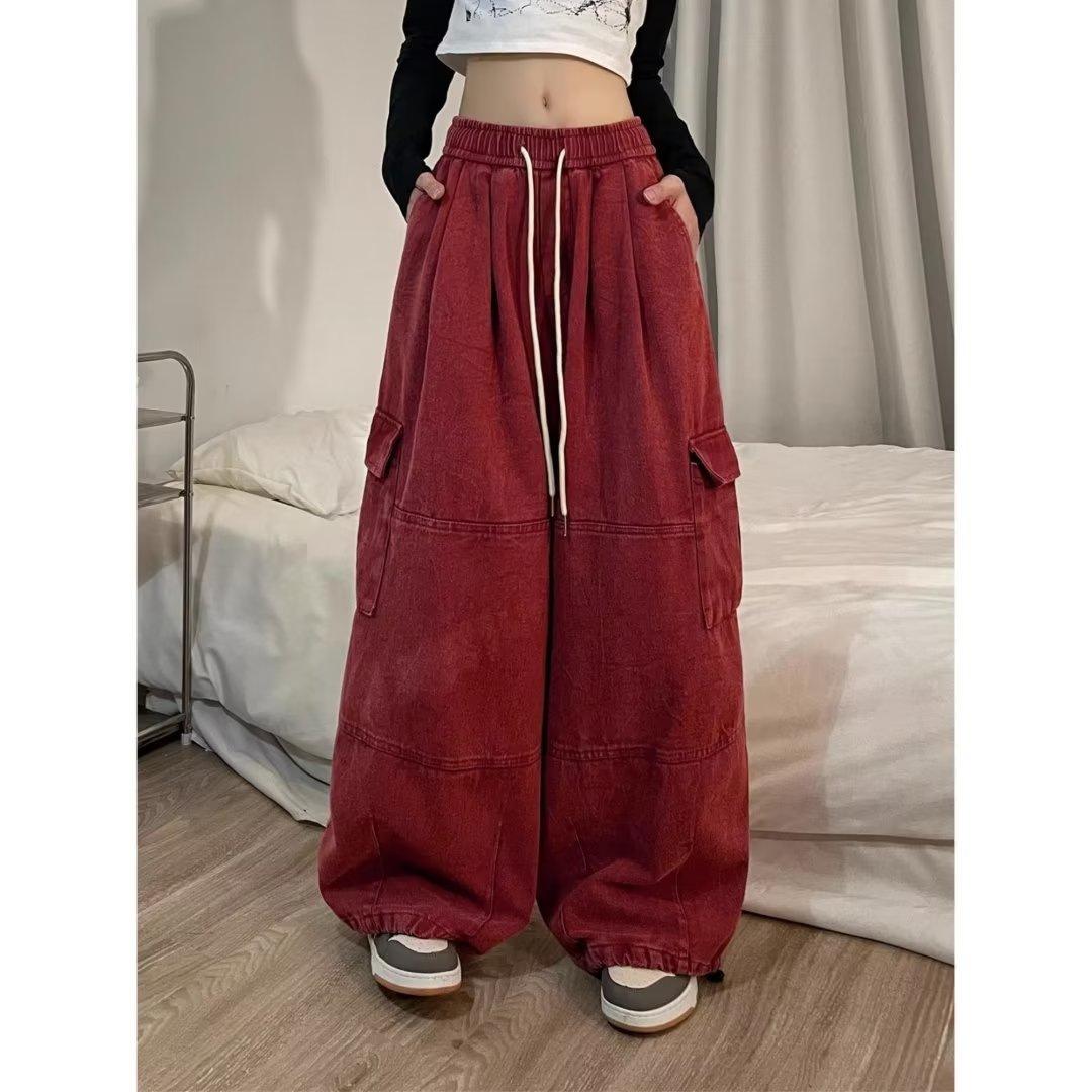 Mode Kordelzug Casual Baggy Cargo Jeans Hosen Frauen Kleidung Gerade Breite Bein Jogginghose Weibliche Hosen XXXXXL rot