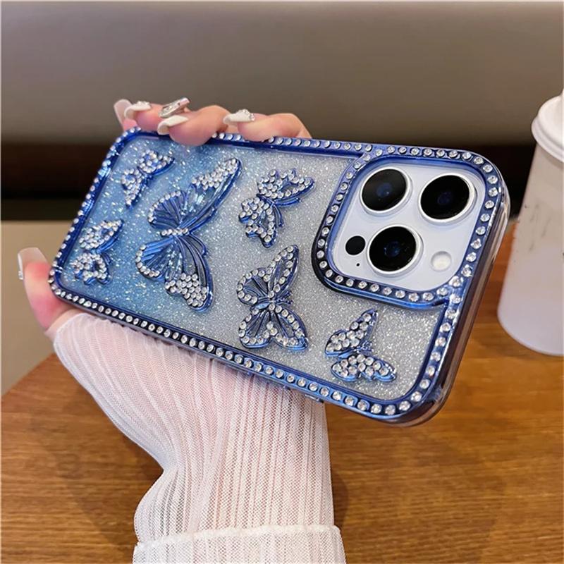 Für iPhone 17 16 Pro Max Luxus Flash Glitzer Schmetterling Beschichtung Rahmen Handyhülle Für iPhone 11 12 13 14 15 Plus 16 Pro Strass Abdeckung iPhone 15 Pro Max blau