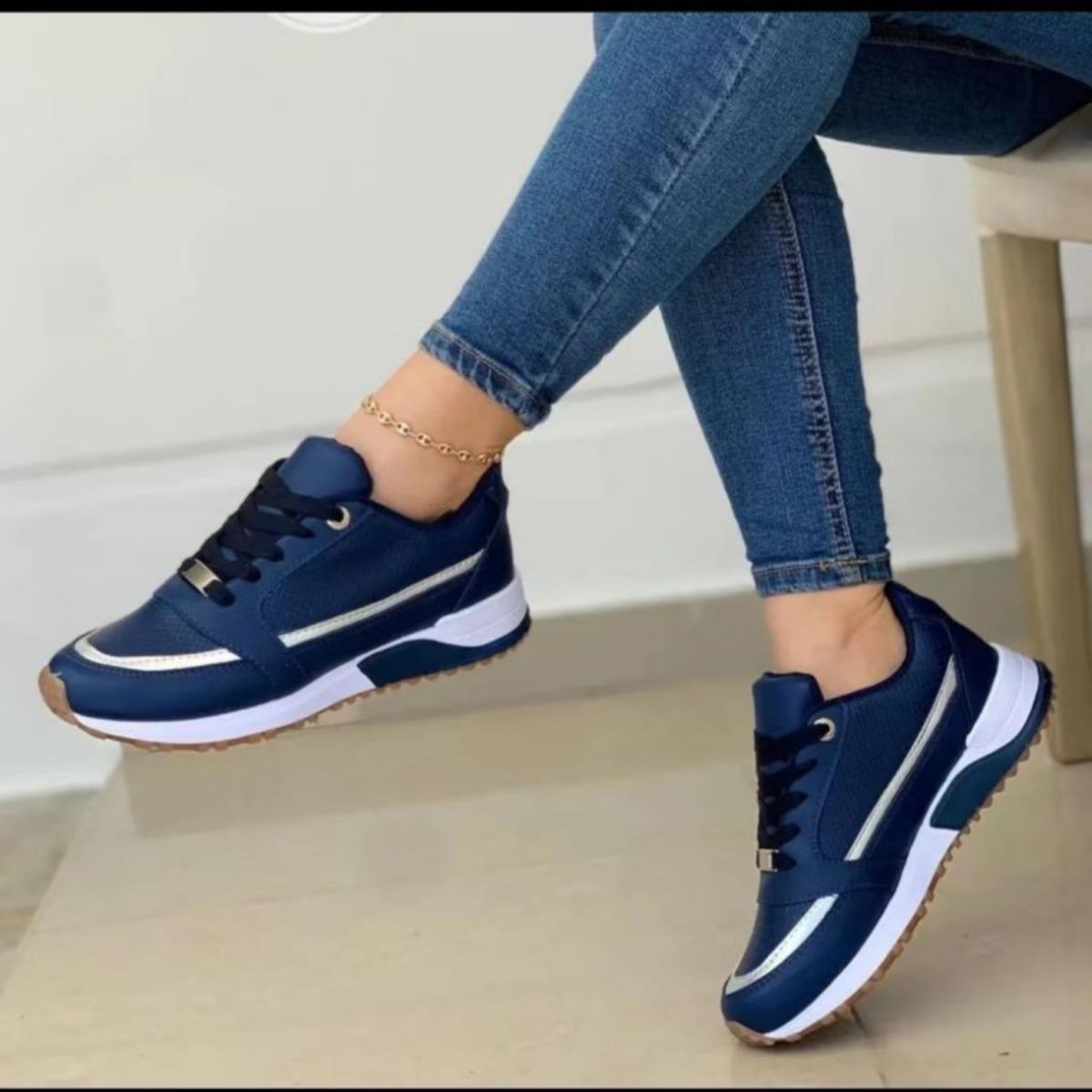 Damenschuhe, Schuhe mit dicker Sohle, Freizeitschuhe, Niedrig geschnittene Schuhe, Schnürschuhe, Sportschuhe, Einzelne Schuhe, Flache Schuhe, Farbblockierte einzelne Schuhe 43 dunkelblau