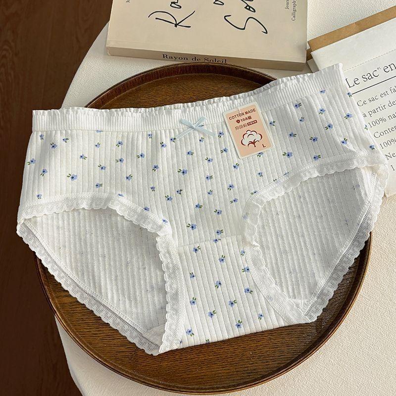 Bedruckte Damenunterwäsche aus Baumwolle, atmungsaktiv und niedlich, mittlere Taille, Spitze, kantenloser Slip L