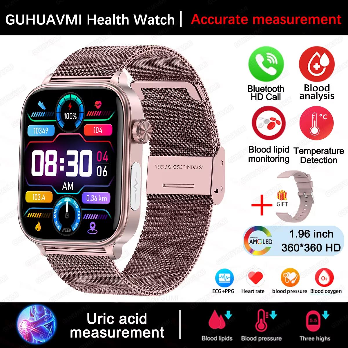 2025 Neue EKG+PPG Blutfett Harnsäure Gesundheits-Smartwatch Herren Damen Herzfrequenz Blutdruck Bluetooth Anruf Smartwatch für iOS Android Pink-Mesh-Belt