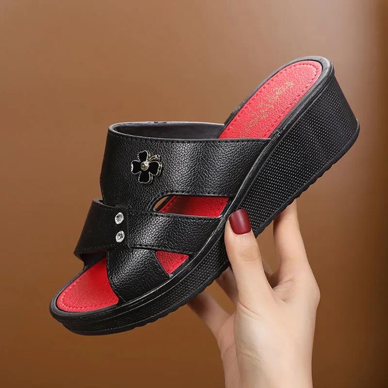 Hausschuhe für Damen, Strasssteine, Fischmaul, hoher Absatz, Keilpantoffeln, Sommerschuhe, rutschfeste Hausschuhe mit dicken Sohlen, bequeme, lässige Flip-Flops 36 schwarz