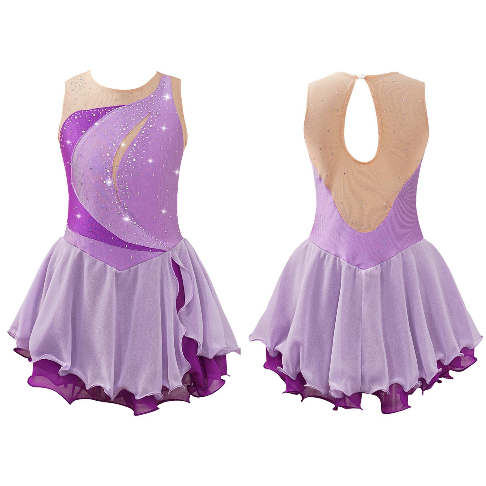 Kinder Mädchen Eiskunstlauf Kleid ärmellos Strass Wettbewerb Kostüme Ballett Tanz Tutu Rock 7-8 Years lavendel