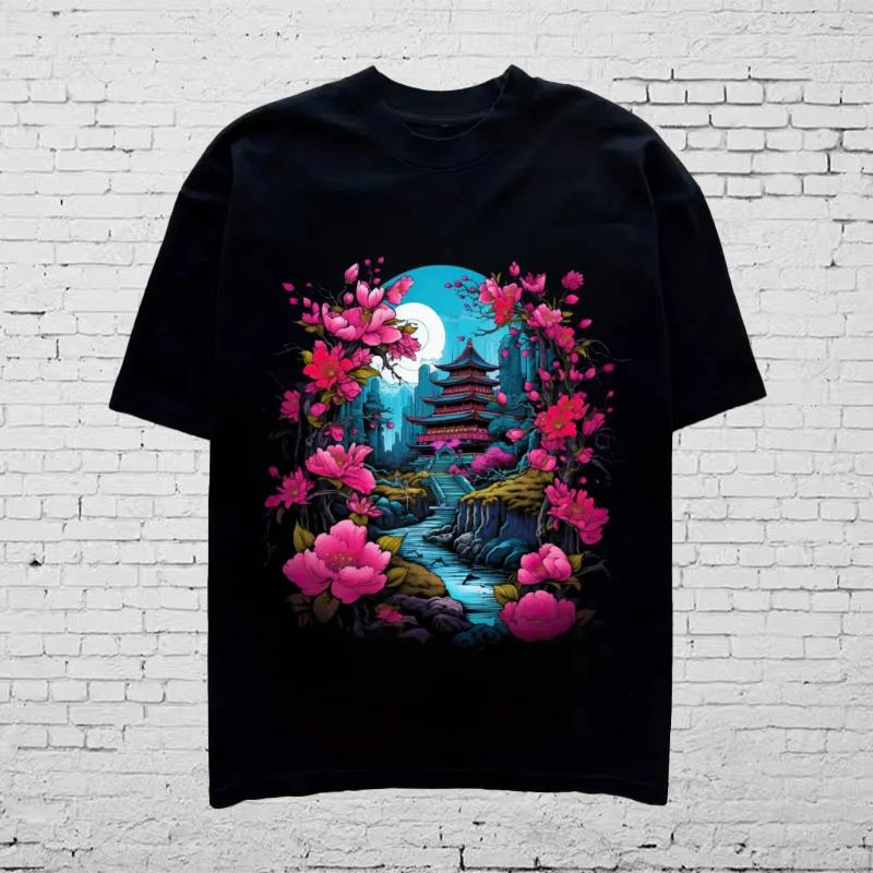 Neues Sommer Herrenmode T-Shirt Persönlichkeit Blume Tempel Aufdruck Herren T-Shirt Top S schwarz
