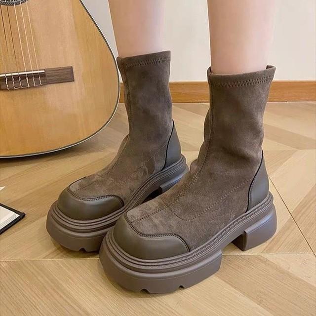 Herbst Stiefel Frauen Schuhe Frau Stiefel Mode Runde Kappe Stiefeletten Winter Elastische Schwarze Stiefel Bequem 40 rotbraun