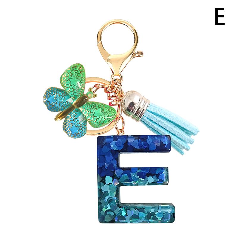 26 englische Alphabet-Buchstaben-Quasten-Schlüsselbund Kristall Acryl Schmetterling Pendent Schlüsselanhänger Frauen Geschenk Modeschmuck Zubehör E
