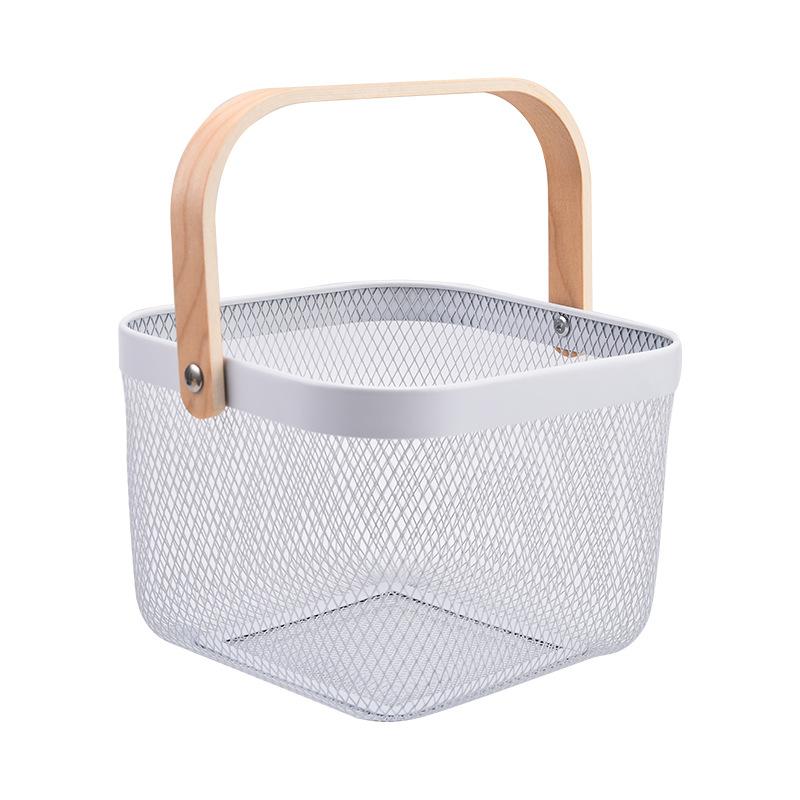 Aufbewahrungskorb aus Eisen, Netzgewebe, für Küche, Obst und Gemüse, Organizer, Behälter mit Holzgriff, Badezimmer-Organizer, Kosmetik 24X24x18cm weiß