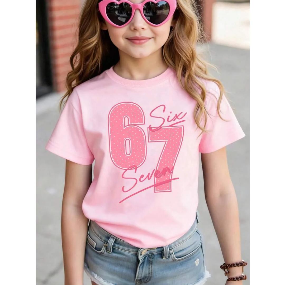Neue Mode Mädchen T-Shirt Kleidung Süß Rosa Streifen Stern Nummer 67 3D Druck Speziell Entworfen Kurzarm Kinderkleidung Mädchen Oberteile 140 pink