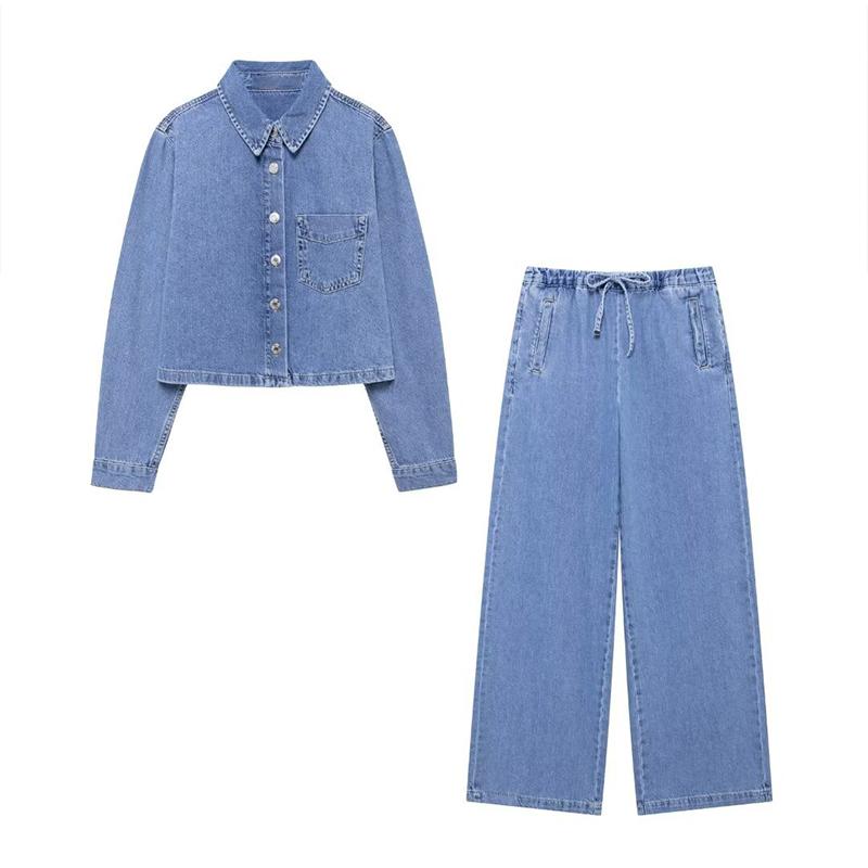 2025 Frühling Herbst Neue Drehen-unten Kragen Lose Denim Langarm Hemd Breite Bein Kordelzug Jeans Set Einfarbig Casual büro Dame Anzüge S hellblaue