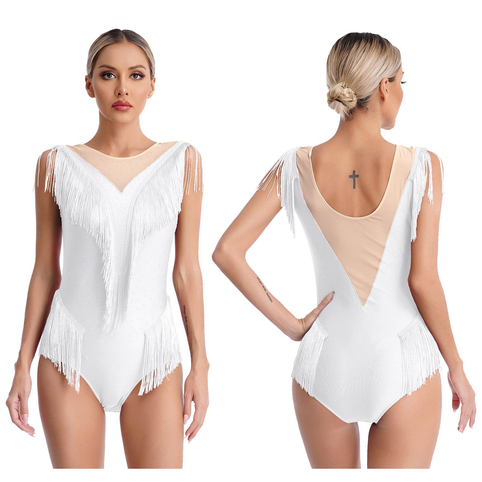 Damen-Body mit Strass-Glitzer-Figur, Eislaufen, Ballett, Tanz, ärmellos, Gymnastik-Tanz-Body M weiß