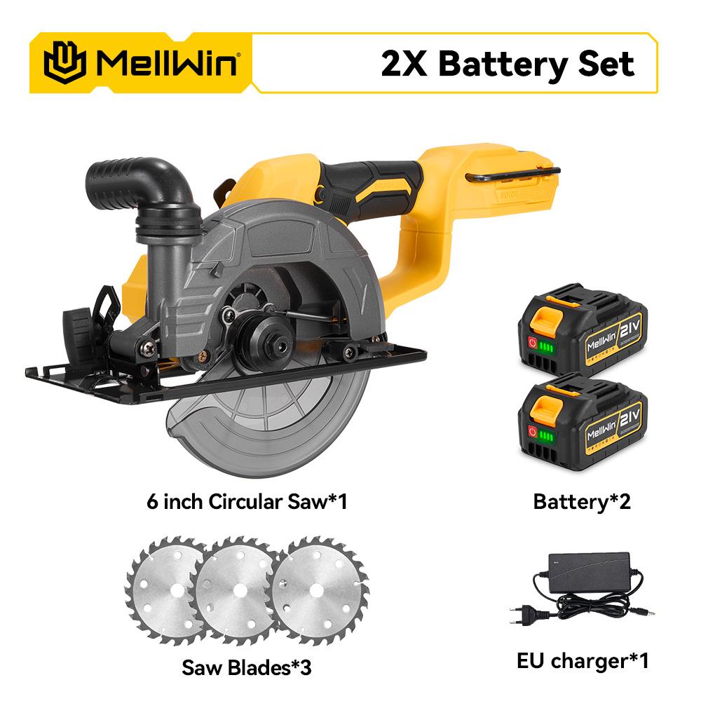 MELLWIN 6 Zoll 150MM Akku-Bürstenlose Kreissäge Handgeführte Multifunktions-Elektrosägen Elektrowerkzeug Für Makita 18V Akku 2 Battery EU Plug